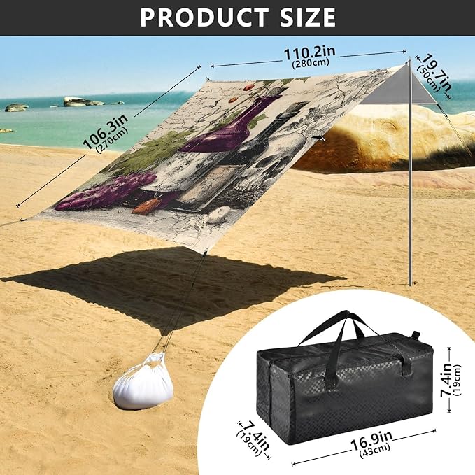 ALAZA Retro Wine Bottle Skull Beach Tent Sun Shelter Portable Canopy Sunshade for Outdoor Camping Picnics Backyard Fun 10x9 ft