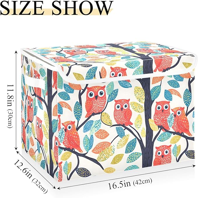 Storage Cube with Lid Cartoon Owls Print 16.5×12.6×11.8 IN 1 Pack Collapsible Large Capacity Foldable Storage Basket Bin Organizer