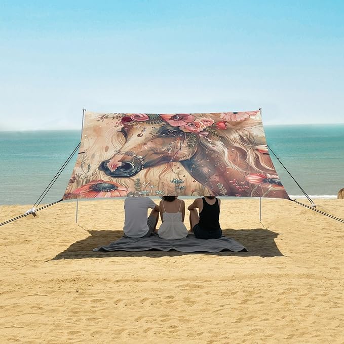 ALAZA Fashion Boho Chick Style Horse with Flowers Beach Tent Sun Shelter Portable Canopy Sunshade for Outdoor Camping Picnics Backyard Fun 10x9 ft