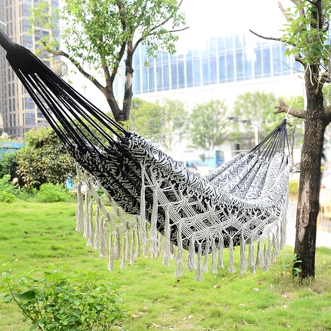 Black with Wirte Bohemian Striped Fringe Double Hammock - Soft Cotton Fabric Outdoor Indoor Hanging Bed with Durable Ropes Space-Saving Design for Garden Patio Backyard Porch Beach Camping