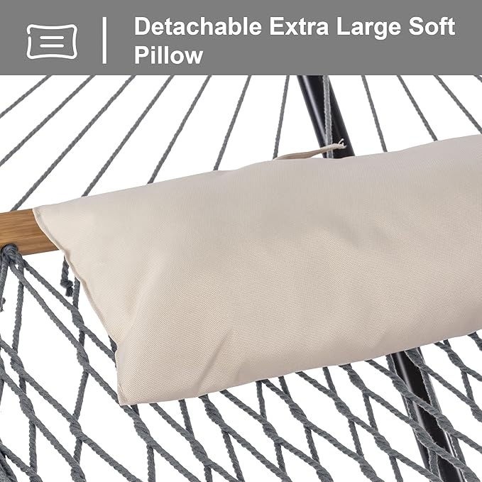 SUNCREAT Rope Hammock with Stand Included Portable Double Hammock with Soft Pillow Gray