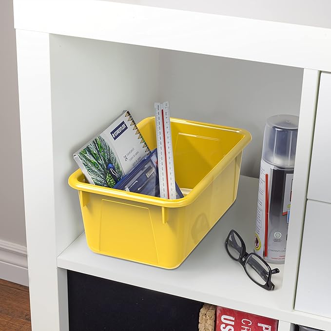 Storex Small Cubby Bins – Plastic Storage Containers for Classroom with Non-Snap Lid 12.2 x 7.8 x 5.1 inches Yellow 5-Pack (62410A05C)