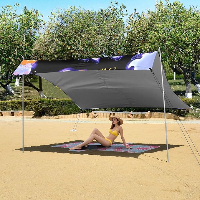 ALAZA Ghost Cat Mouse Pumpkin Pattern Beach Tent Sun Shelter UPF50+ Protection Beach Shade Canopy w/ 4 Sandbags for Outdoor Camping Fishing Backyard Fun Picnic 10x9 ft