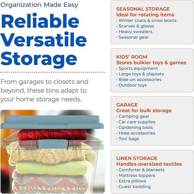 Hefty HI-RISE Stackable Storage Bins - Under Bed Storage Containers with Lids Shoe Organizer Plastic Storage Bins Clear Shoe Boxes with XL Lid-Locking Latches Durable Double Rim - 72qt (6 Pack)