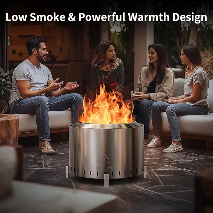 22 inch Stainless Steel Smokeless Fire Pit Outdoor Smokeless Firepit Wood Burning Fire Pits for Camping Bonfire Low Smoke Firepit for Outside (Vertical Hole)