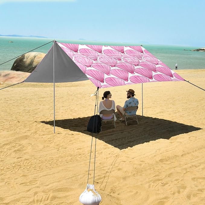xigua Scallop Beach Tent Sun Shelter with Carrying Bag - Silver Coated Oxford Fabric Beach Canopy for Beach Camping Fishing - Includes Windproof Ropes Sandbags &amp Stakes