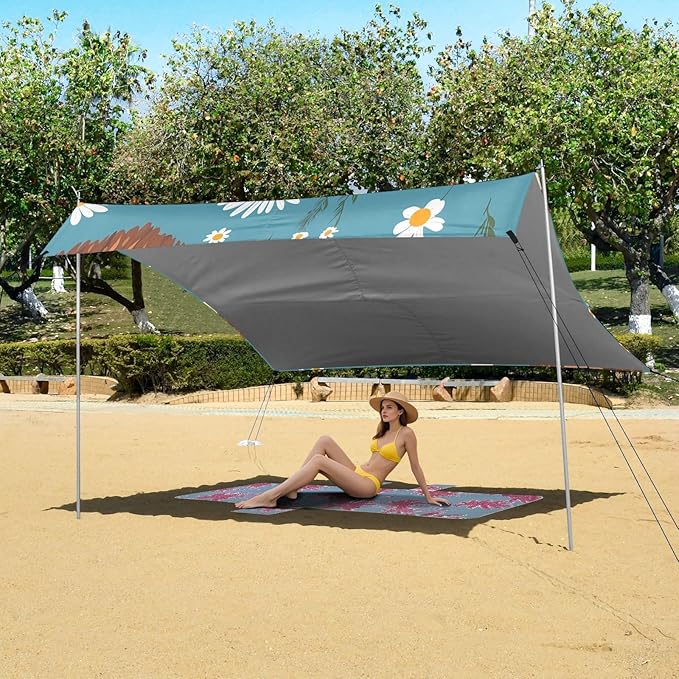 ALAZA Highland Cattle Daisy Pattern Beach Tent Sun Shelter Portable Canopy Sunshade for Outdoor Camping Picnics Backyard Fun 10x9 ft