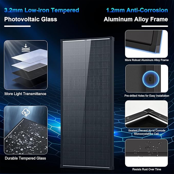 100W Solar PanelN-Type 12V 18BB 25% High-Efficiency A+ Monocrystalline Cell IP68 Waterproof Solar Panel for RV Marine Boat Trailer Camper Rooftop Farm and Other Off-Grid System (Black 100W)