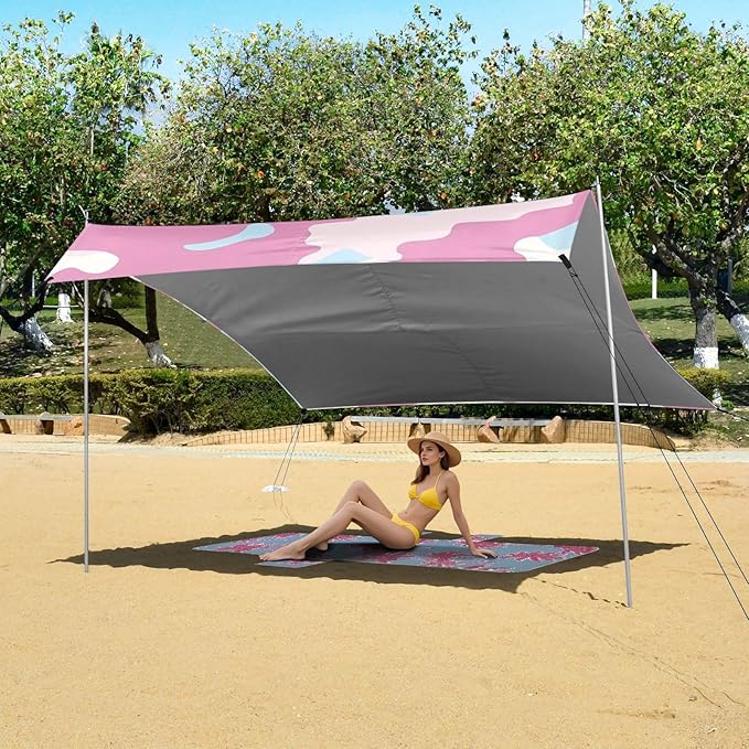 Sky Blue Foldable Beach Cabana UPF50 Easy Setup Shade Sun Shelter with Sandbags Sand Shovel Poles for Backyard and Camping