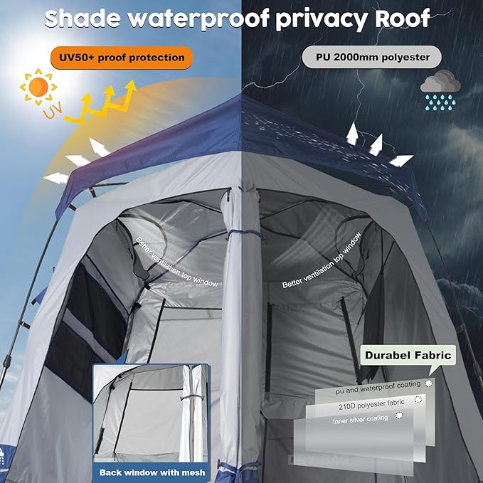 Camping Shower Tent Deluxe Changing Room Easy Set Up Privacy ShelterLarge Toilet Tent with Floor Drain Design for Beach CampingHiking with Stakes and Ropes for Stability