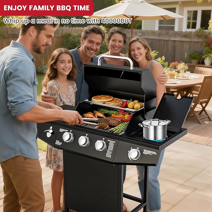 3 Burner Propane Gas Grill with Side Burner 40000 BTU Output Propane Grill Outdoor Gas BBQ Grill with Stainless Steel Grates Outdoor Cooking for Patio Camping Backyard