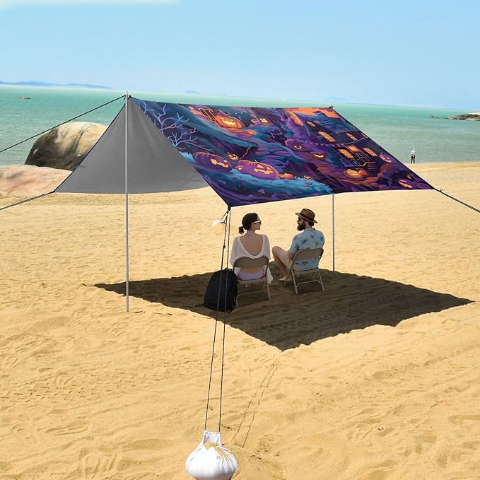 ALAZA Halloween Town Ghost Beach Tent Sun Shelter UPF50+ Protection Beach Shade Canopy w/ 4 Sandbags for Outdoor Camping Fishing Backyard Fun Picnic 10x9 ft