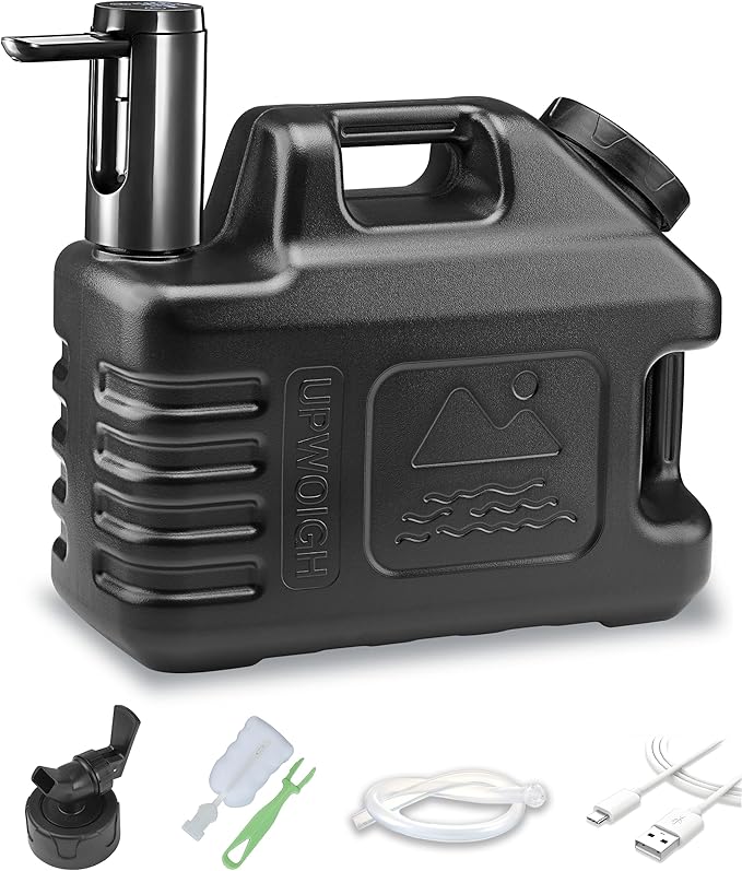 UPWOIGH 3.5 Gallon Portable Water Jug in Black with Screw-Lock Leakproof Touch Pump Nature-Inspired Carved Container with Spigot Type-C Rechargeable Outdoor Water Tank for Camping Hiking