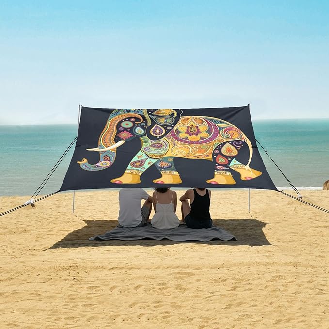 ALAZA Yellow Elephant Paisley Beach Tent Sun Shelter UPF50+ Protection Beach Shade Canopy w/ 4 Sandbags for Outdoor Camping Fishing Backyard Fun Picnic 10x9 ft