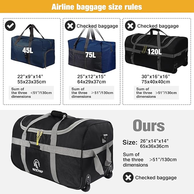 REDCAMP 85L/120L/140L Foldable Duffle Bag with Wheels Large Travel Duffel Bag