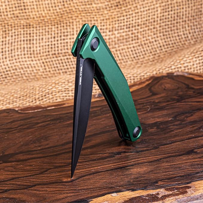 Real Steel Teres lightweight EDC Flipper Knife 3.11'' Nitro-V ‎Black PVD Hollow-Ground BladeAluminum HandleLiner Lock Knife Gentleman's Knife with Pocket ClipHunting Camping Hiking Fishing Knife