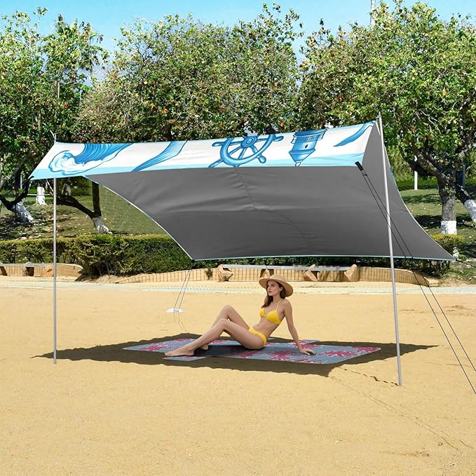xigua Lighthouses Beach Tent Sun Shelter with Carrying Bag - Silver Coated Oxford Fabric Beach Canopy for Beach Camping Fishing - Includes Windproof Ropes Sandbags &amp Stakes