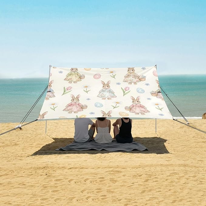 Easter Bunny Beach Canopy Sun Shelter with Sandbags &amp Sand Shovel &amp Windproof Ropes - Portable 110x126 Beach Shade Beach Tent for Camping Picnics