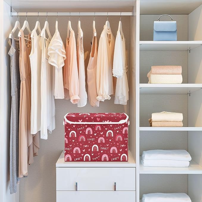 Valentine Hearts Rainbows Red Storage Box with Lid 1 PC Foldable Storage Bin with Lids Stackable Storage Bins Cube Closet Organizer Basket with Flip-Top Lid &amp Handles for Shoes Books Towels