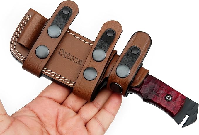 Ottoza Tanto Tactical Knife with Fixed Blade and Horizontal Carry Leather Sheath - Compact Military EDC Knife - Dark Red Micarta Handle 381