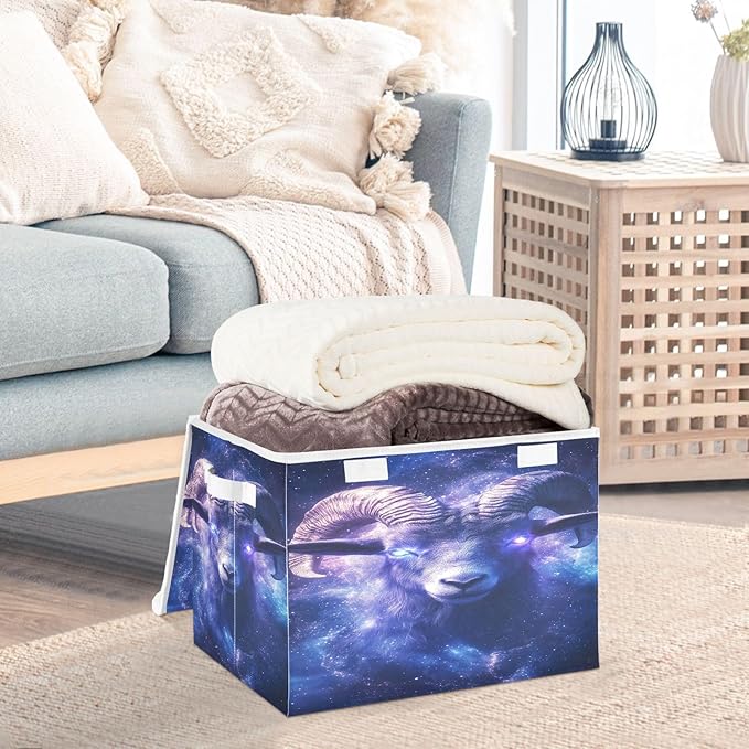 Goat with Glowing Eyes Storage Baskets Lidded Bin Foldable Storage Boxes Cubes Lids with 2 Handles for Organizing Closet Home Office