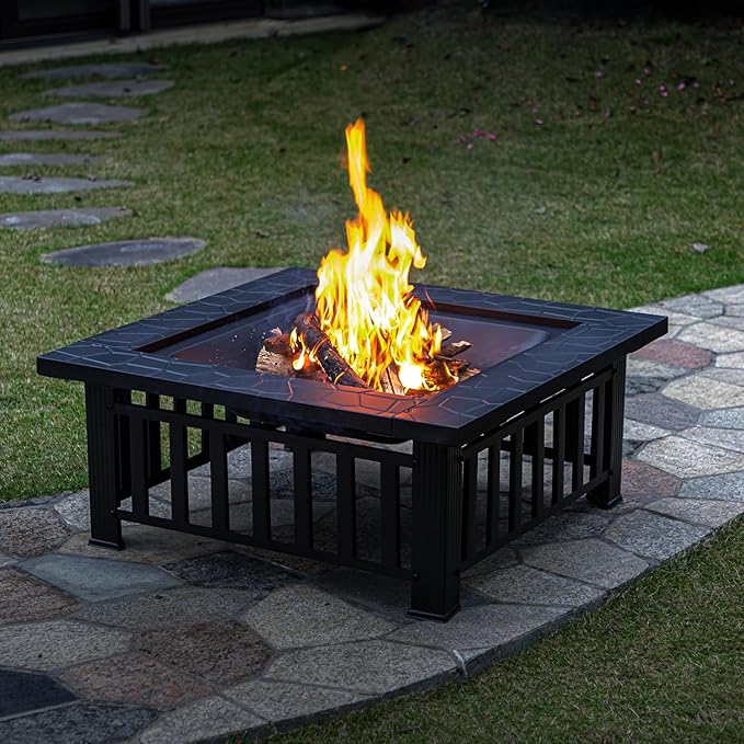 Panovue Multifunctional Fire Pit Table 32 inch Square Metal Firepit Stove Backyard Patio Garden Fireplace for Camping Outdoor Heating Bonfire and Picnic