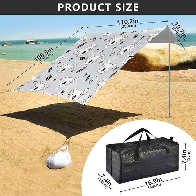 Koalas Beach Canopy Sun Shelter with Sandbags &amp Sand Shovel &amp Windproof Ropes - Portable 110x126 Beach Shade Beach Tent for Camping Picnics