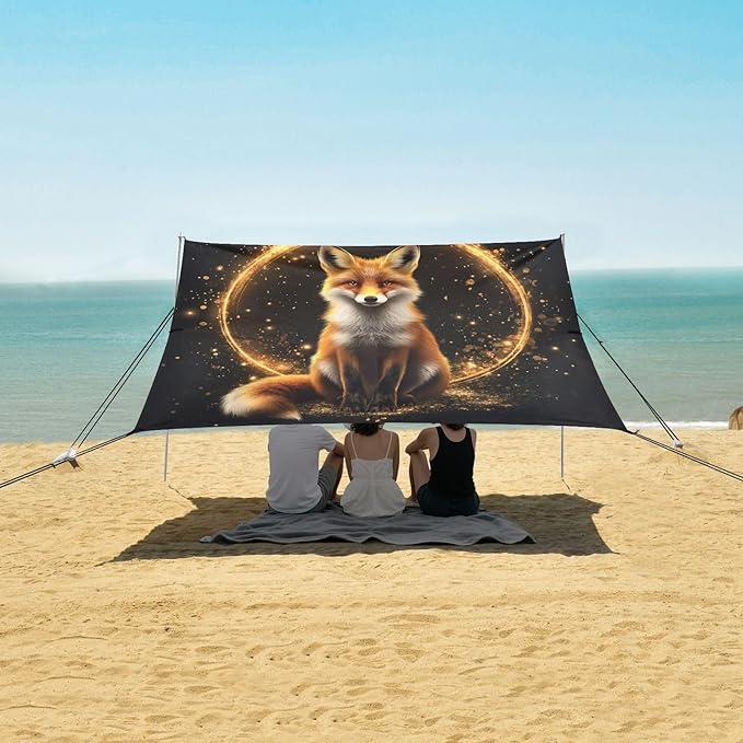 ALAZA Magic Fox Sitting Beach Tent Sun Shelter UPF50+ Protection Beach Shade Canopy w/ 4 Sandbags for Outdoor Camping Fishing Backyard Fun Picnic 10x9 ft