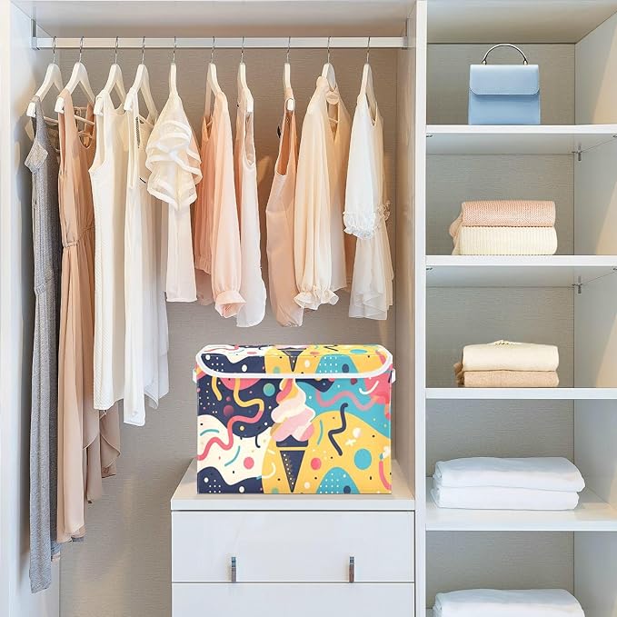 Storage Bins With Lid Stackable Fabric Closet Organizer Clothing Storage Large Boxes For Closet Shelves Bedroom Creative Ice Cream Art