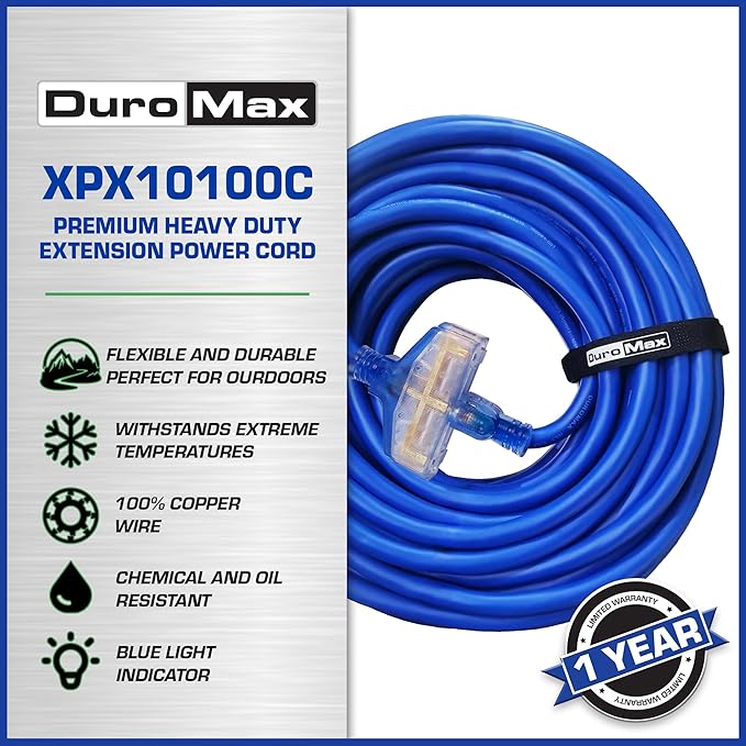 DuroMax XPX10100C Heavy Duty SJEOOW 100-Foot 10 Gauge Blue Triple Tap Lighted Extension Power Cord