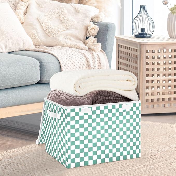 Green White Checkerboard Storage Baskets Lidded Bin Foldable Storage Boxes Cubes Lids with 2 Handles for Organizing Closet Home Office