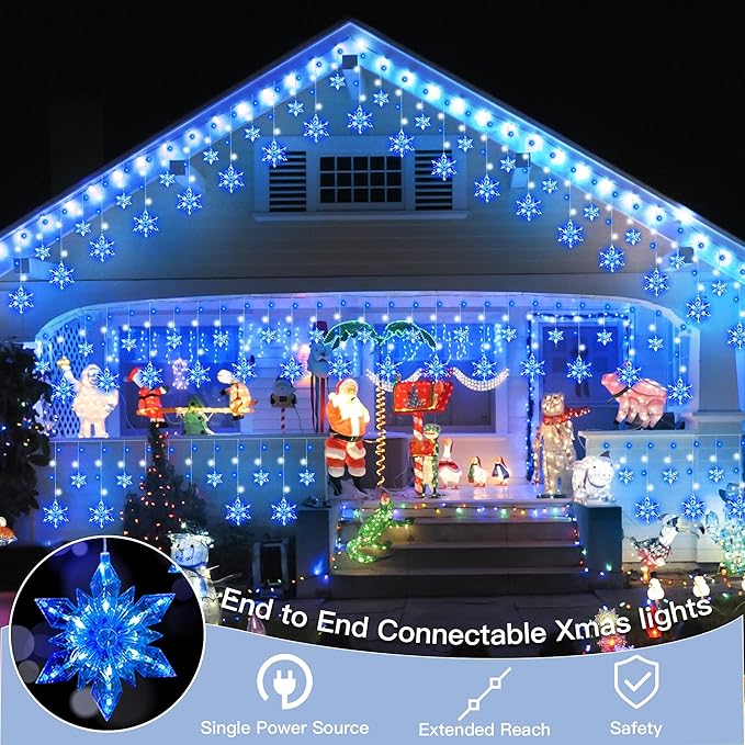Snowflake Icicle Lights Outdoor 8.2ft 144 LED Connectable Xmas Hanging String Light Plug in Christmas Snowflake Lights for House Eaves Window Roof Yard Fence Decor White and Blue