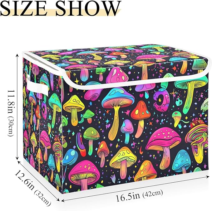 Anime Mushroom Storage Cube Bins Basket with Lid Collapsible Flip-top Fabric with Handle for Home Bedroom Closet Office 16.5×12.6×11.8 in