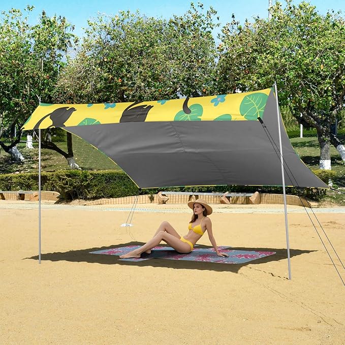 xigua Cat Beach Tent Sun Shelter with Carrying Bag - Silver Coated Oxford Fabric Beach Canopy for Beach Camping Fishing - Includes Windproof Ropes Sandbags &amp Stakes