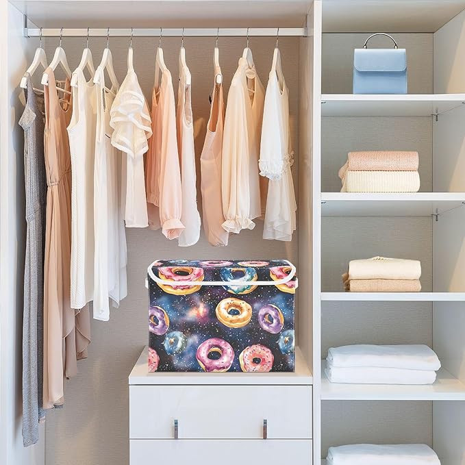 Storage Cube with Lid Space Donuts Print 16.5×12.6×11.8 IN Collapsible Large Capacity Foldable Storage Basket Bin Organizer