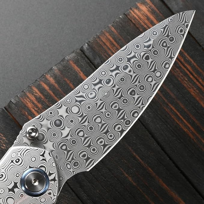 Sitivien ST273 Damascus Steel Blade Folding Knife Colorful G10 &amp Damascus Handle with Ball Bearing for Outdoor Camping Hiking Fishing (Wood grain)