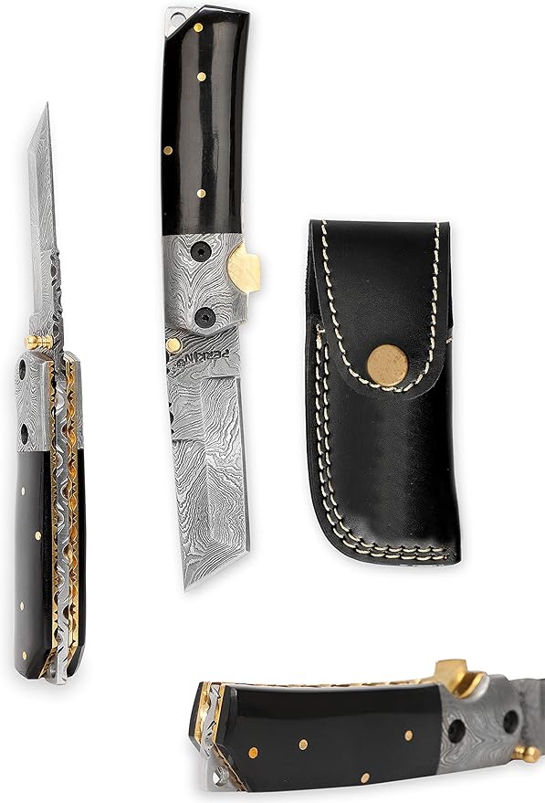 Perkin Custom Made Damascus Folding Knife Tanto Blade &amp Buffalo Horn Handle