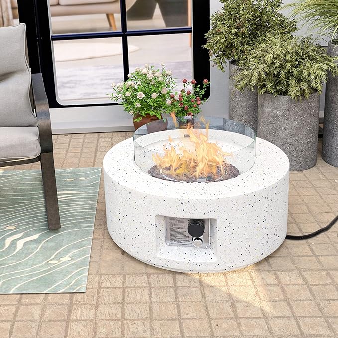 HOMPUS Outdoor Propane Fire Pit 40000 BTU 28-inch Round White Terrazzo Concrete Fire Table Gas Fire Pit with Wind Guard Lava Rocks and Rain Cover for Outdoor Pool Deck or Backyard