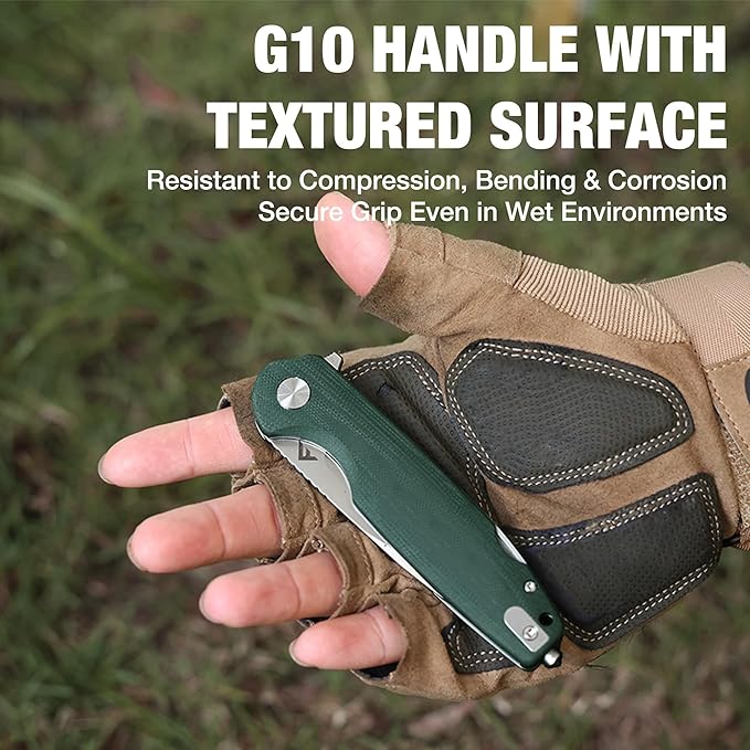 FLISSA Multitool Pocket Knife 3.3 D2 Blade with G10 Handle Liner Lock Folding Knife with Glass Breaker Screwdrivers Bottle Opener &amp Rope Cutter for EDC Survival Camping Hiking (Green)