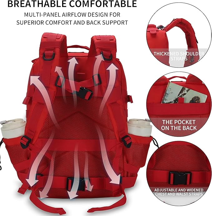 Sparklekle Military Tactical Backpack 45L 3 Day Assault Pack Waterproof Molle Hiking Rucksack for Men&ampWomen (Red)