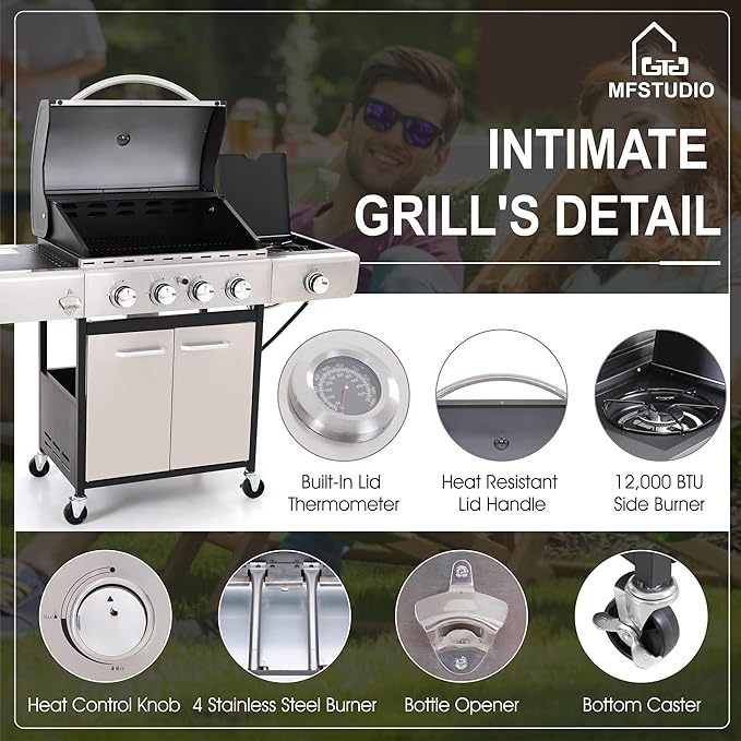 MFSTUDIO 4-Burner Propane Gas Grill Stainless Steel BBQ Grill with Side Burner and Porcelain-Enameled Cast Iron Grates High Heat Output Gas BBQ Grills for Barbeque and Outdoor Cooking