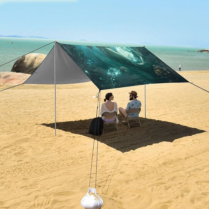 ALAZA Mermaid Underwater Beach Tent Sun Shelter UPF50+ Protection Beach Shade Canopy w/ 4 Sandbags for Outdoor Camping Fishing Backyard Fun Picnic 10x9 ft
