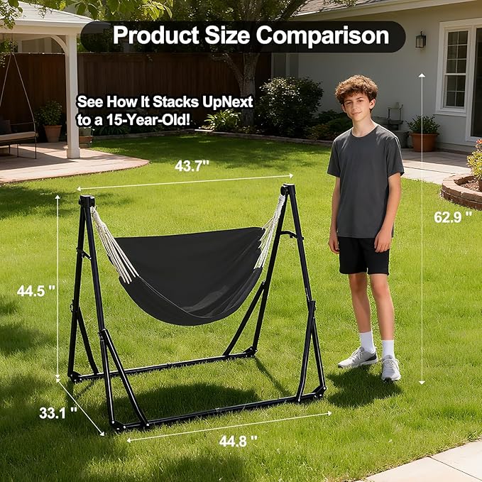 2-in-1 Hammock &amp Swing Chair for Teens – Adjustable Folding Chair with Collapsible Steel Stand Portable for Camping Travel Patio &amp Indoor Use Includes Carrying Case Supports 440 LBS