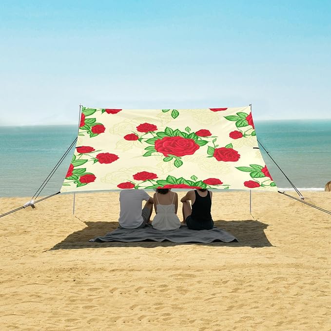 Beach Canopy with Windproof Ropes &amp Sandbags Beach Tent Sun Shade Sun Shelter for Camping Trips Fishing Backyard Fun or Picnics Rose