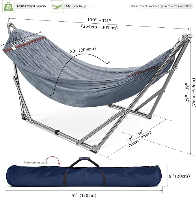 Tranquillo Adjustable Hammock Stand Collapsible Camping Hammock with Stand 650 lbs Capacity Double Hammock Stand Foldable Stainless Steel Breathable Polyester Hammock Net Carry Bag Included Grey