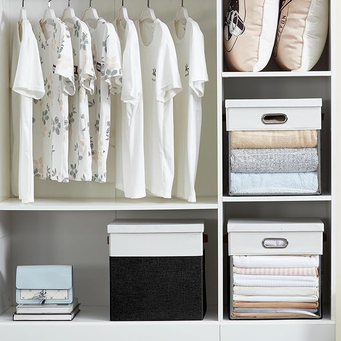 Fabric Storage Cubes with Clear Windows and Lids 13'' Foldable Storage Bins with 3 Handles Decorative Storage Boxes for Home Bedroom Closet Office (Balck &amp White)