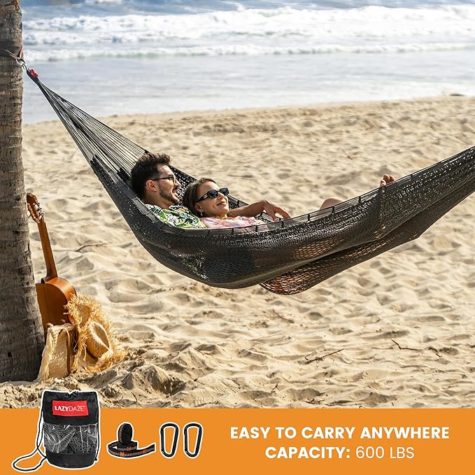 Lazy Daze Hammocks Handwoven Mayan Hammock 10.5 FT Soft Rope Double Hammocks Portable Outdoor Hammock with Carry Bag 2 Straps &amp Carabiners for Patio Outside 550 lbs Weight Capacity Gray