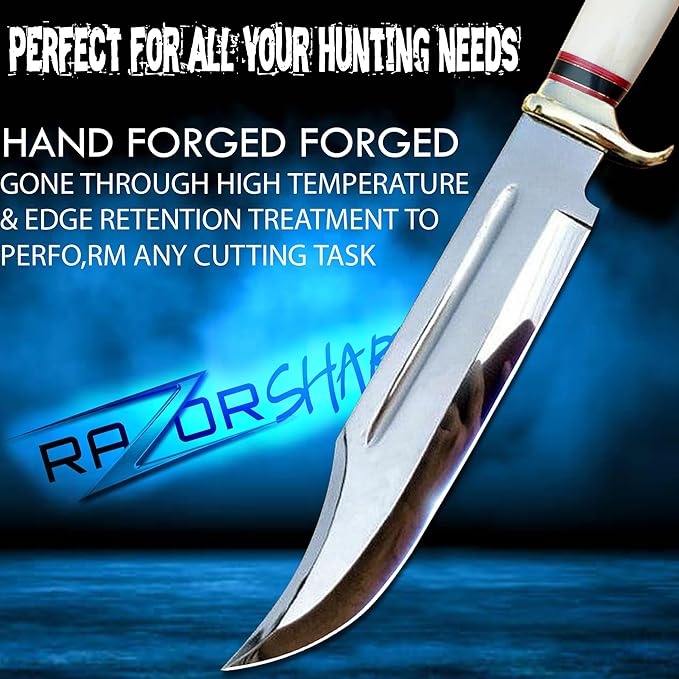 14 Crocodile Dundee Bowie Knife – Mirror Polished Hunting &amp Survival Knife with Bone Handle and Leather Sheath – Tactical Knife for Camping Outdoor Bushcraft Gift for Men