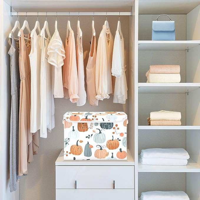 senya Thanksgiving Baskets Collapsible Storage Bins with Lids Fall Adorable Pumpkins Storage Boxes Clothes Baskets for Organizing B06D22020