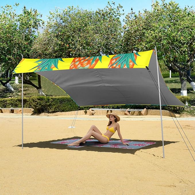 Beach Canopy with Windproof Ropes &amp Sandbags Beach Tent Sun Shade Sun Shelter for Camping Trips Fishing Backyard Fun or Picnics Pineapples